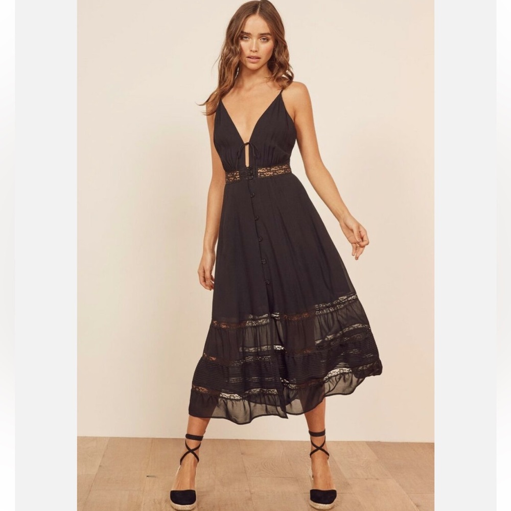 REFORMATION Black Lace Stripe Keyhole SHELLEY Sleeveless Crepe Midi Dress size 2